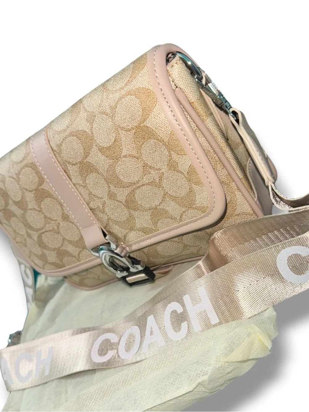 Coach Signature Canvas Flap Crossbody Bag Khaki Blush Pink Adjustable Strap